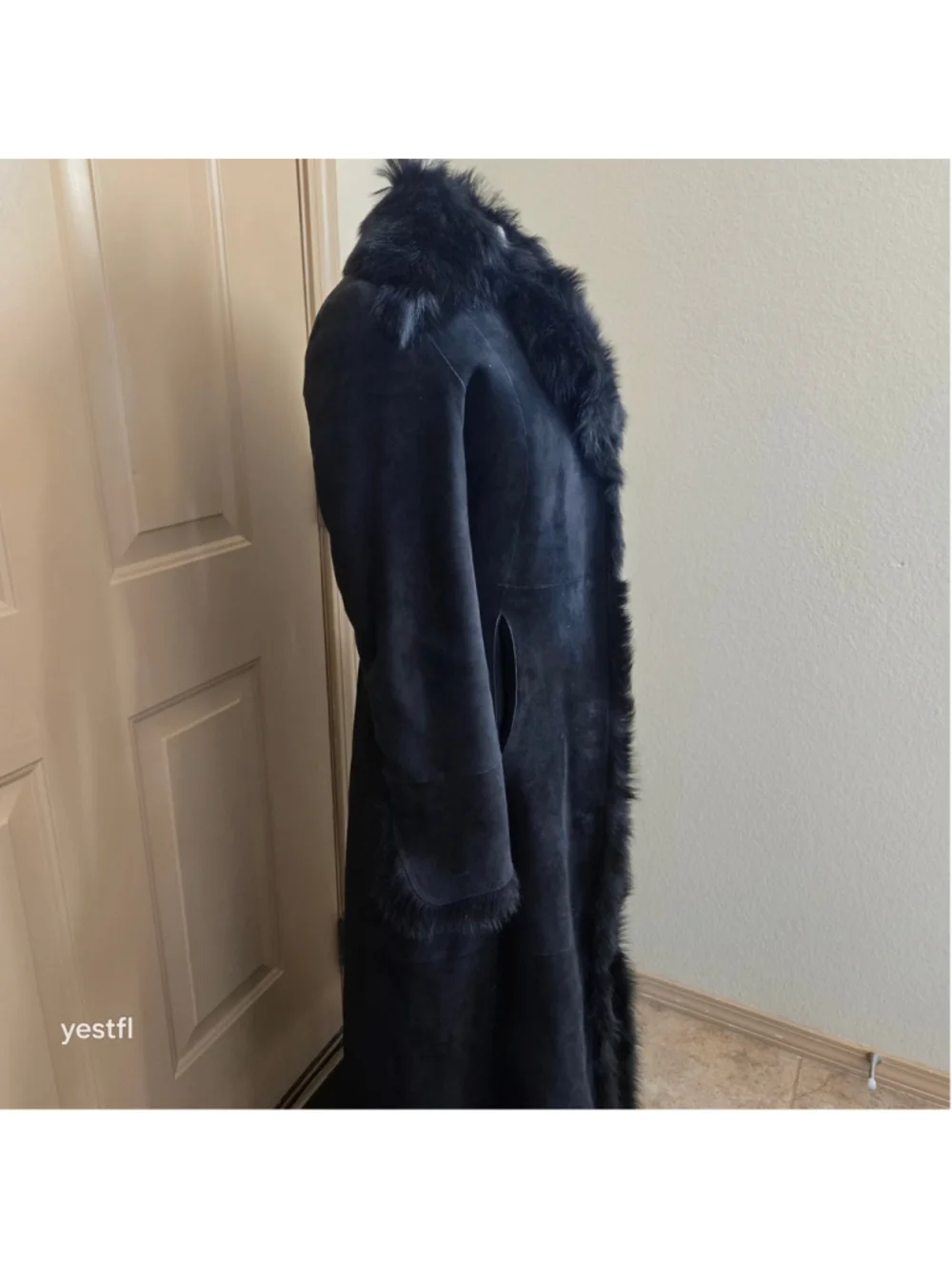 Cole Haan Black Genuine Shearling Long Coat Fur Trim Sz XS Penny Lane Luxury - Picture 10 of 16